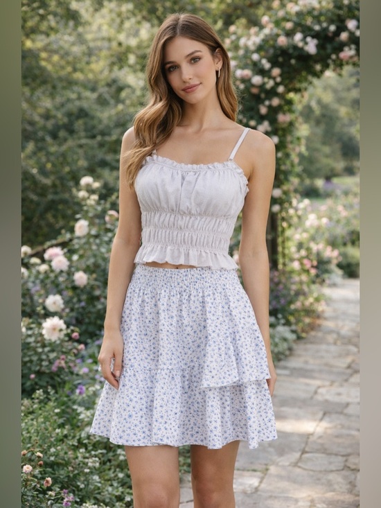 Streetwear Society Tops - White Smocked Cropped Tank Top and Blue Floral Skirt Outfit Size Small